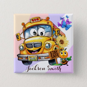 Cartoon School Bus Driver Stay Safe Personalized 2 Inch Square Button