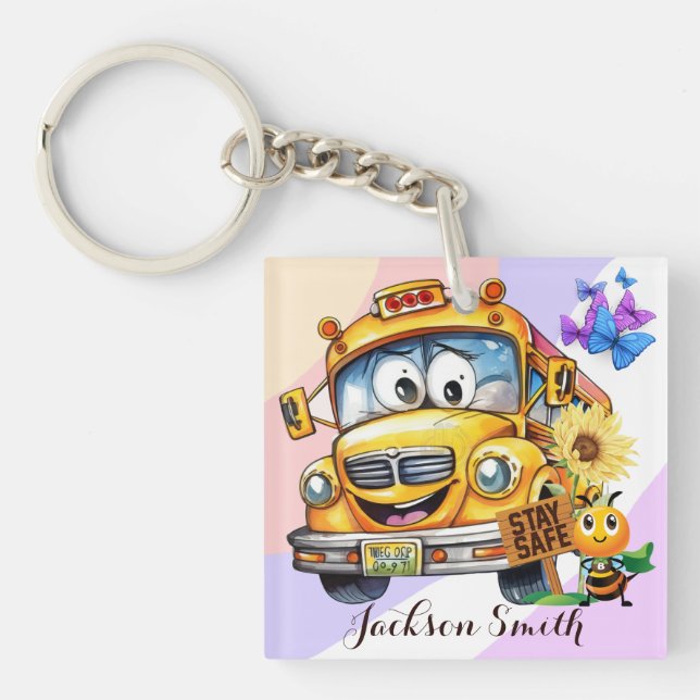 Cartoon School Bus Driver Stay Safe Personalized Keychain (Front)