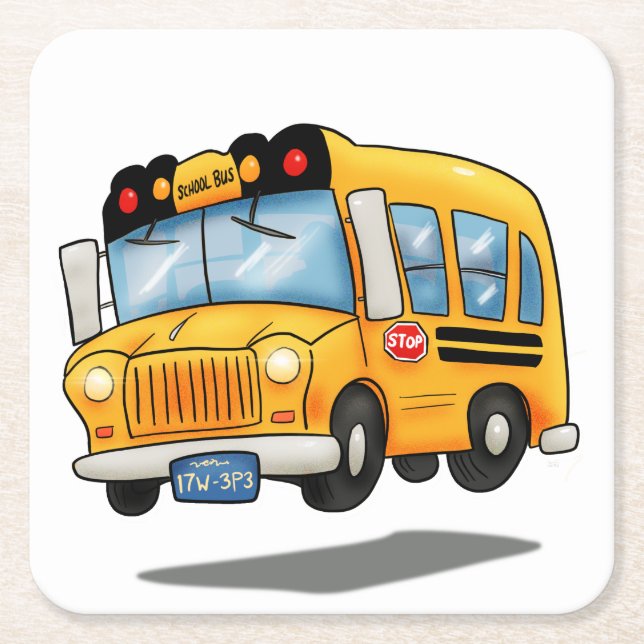 Cartoon School Bus Square Paper Coaster (Front)