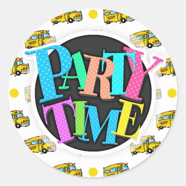 Cartoon School Bus, Yellow & White Polka Dots Classic Round Sticker (Front)