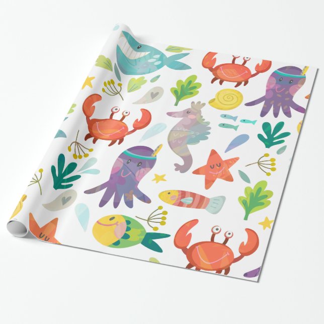 Cartoon Sea Animals Wrapping Paper (Unrolled)