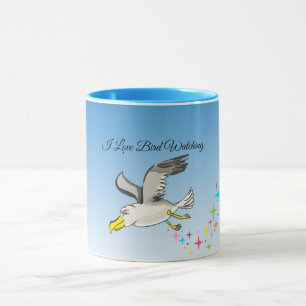 Cartoon seagull flying over head with a blue sky mug