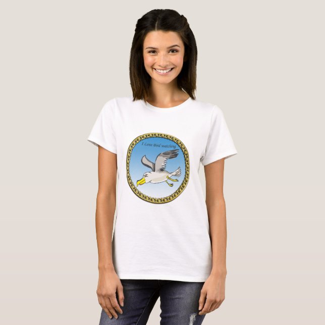 Cartoon seagull flying over head with a gold frame T-Shirt (Front Full)