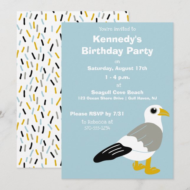 Cartoon Seagull Grey, White, Light Blue Custom Invitation (Front/Back)