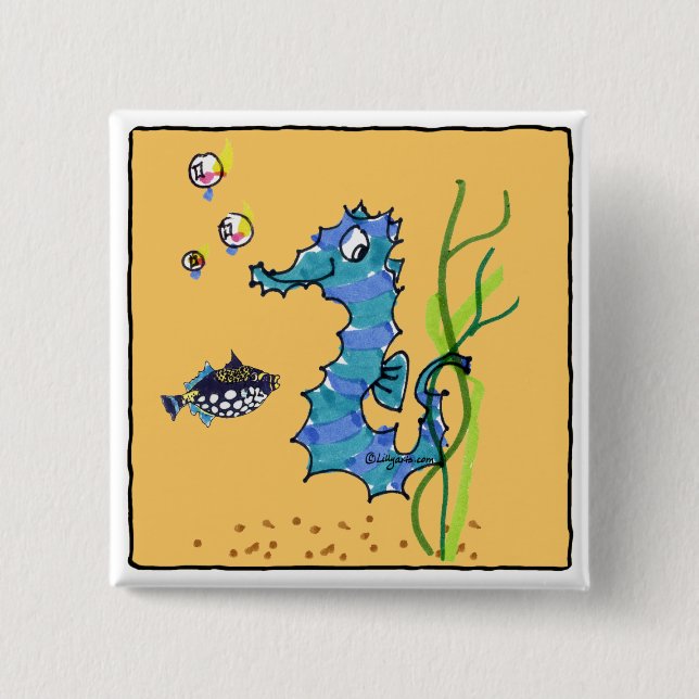 Cartoon Seahorse Cute 2 Inch Square Button (Front)