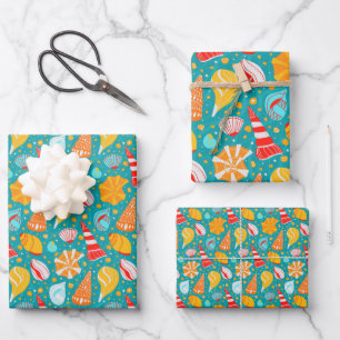 Cartoon seashells with sand and doodle ornament wrapping paper sheet