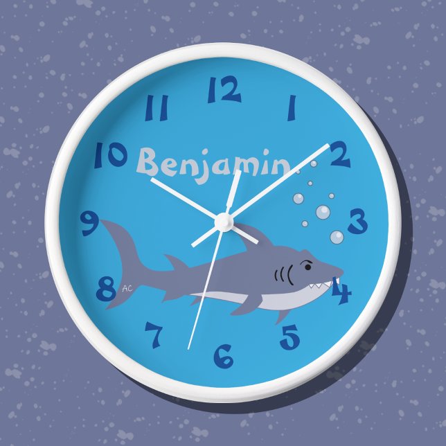 Cartoon Shark Blue Nursery Room Horloge murale (Cute nursery room clock with name .)
