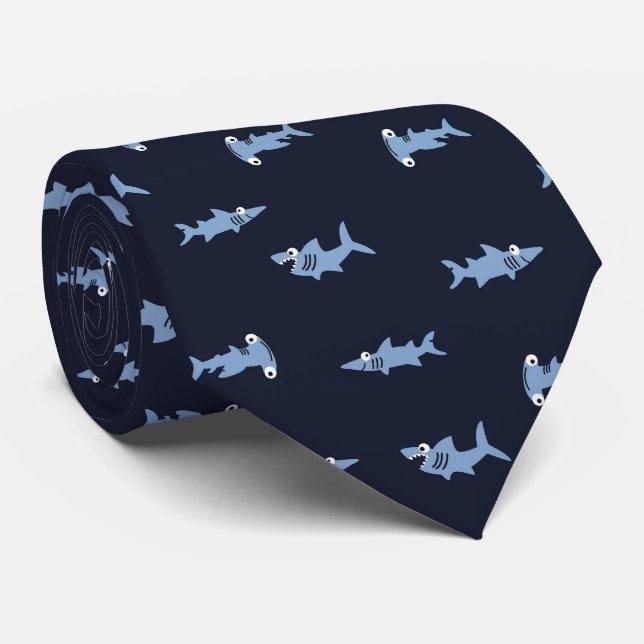 Cartoon Shark In Blue Ocean Abstract Pattern Tie (Rolled)