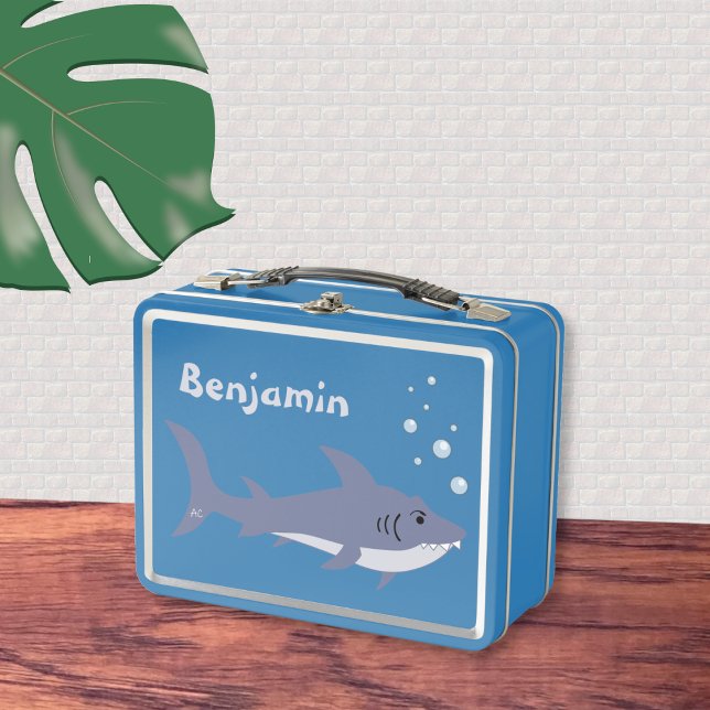 Cartoon Shark Kid Blue Metal Lunchbox (Cartoon shark light blue kid metal lunch box with name . )