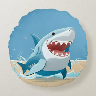 Cartoon Shark Swimming Underwater Round Pillow