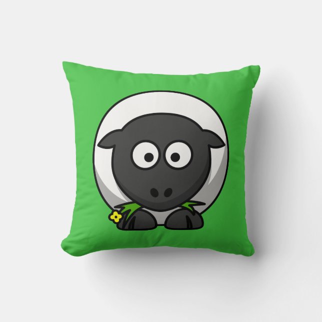 Cartoon Sheep on Green Throw Pillow (Front)