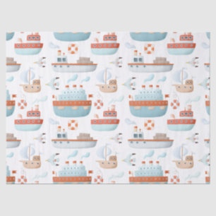 Cartoon Ships and Birds on White Decoupage Tissue Paper