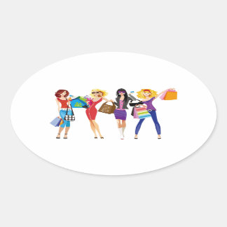 CARTOON SHOPPING GIRLS VECTORS FASHION STYLE FUN F OVAL STICKER