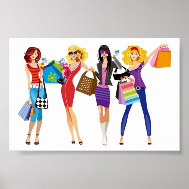 CARTOON SHOPPING GIRLS VECTORS FASHION STYLE FUN F POSTER (Front)
