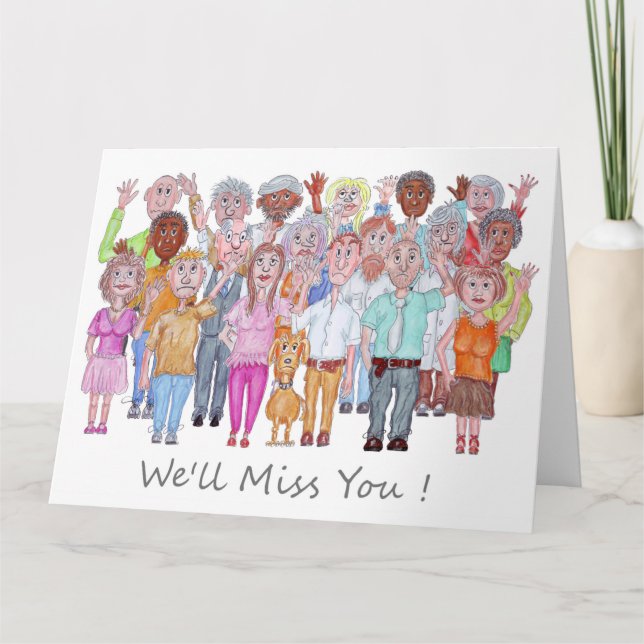 Cartoon Showing Sad People Waving Goodbye Card (Front)