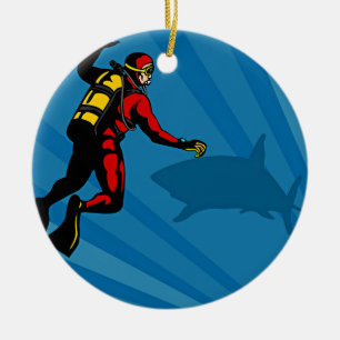 Cartoon Showing Scuba Diver And Shark Ceramic Ornament