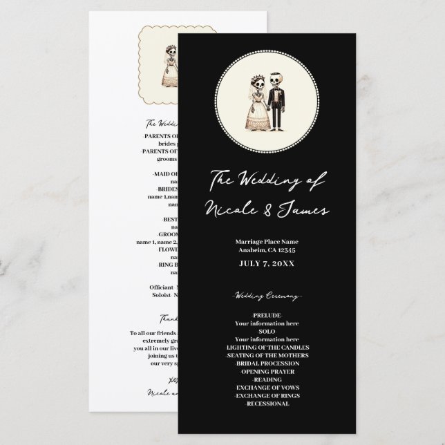 Cartoon Skeleton Bride + Groom Mariage Menu (Devant / Derrière)