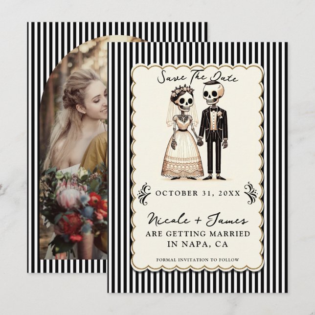 Cartoon Skeleton Bride + Groom Save the Date  Invitation (Front/Back)