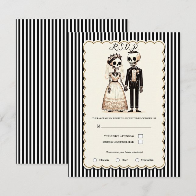 Cartoon Skeleton Bride + Groom Wedding RSVP Invitation (Front/Back)