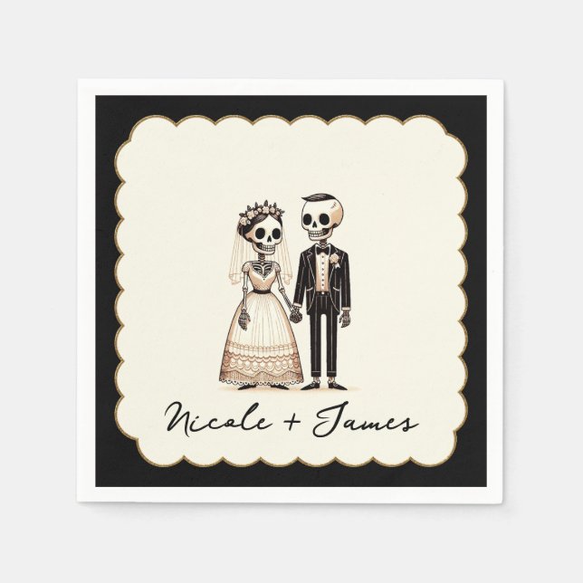 Cartoon Skeleton Bride + Groom Whimsical Wedding Napkin (Front)