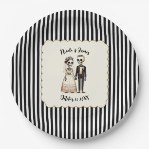 Cartoon Skeleton Bride + Groom Whimsical Wedding Paper Plate