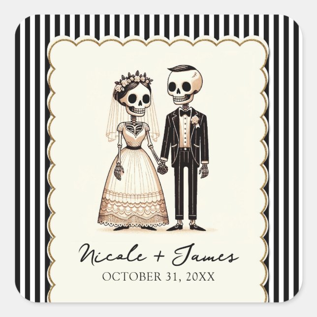Cartoon Skeleton Bride + Groom Whimsical Wedding Square Sticker (Front)