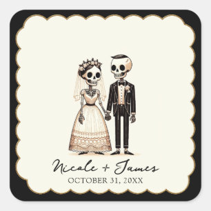 Cartoon Skeleton Bride + Groom Whimsical Wedding Square Sticker