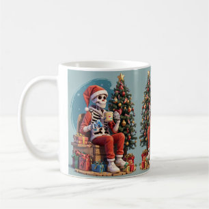 Cartoon Skeleton Wearing Santa Drinking Coffee Mug
