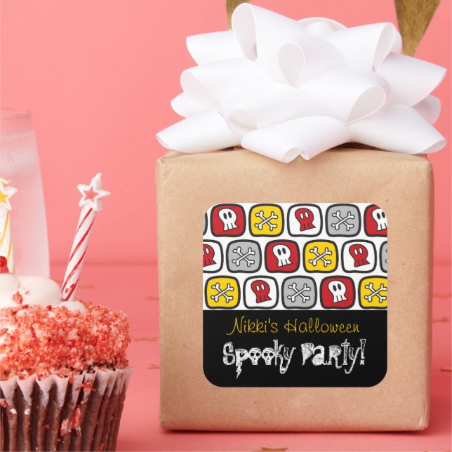 Cartoon Skulls and Bones Kid's Halloween Party Square Sticker (Party)
