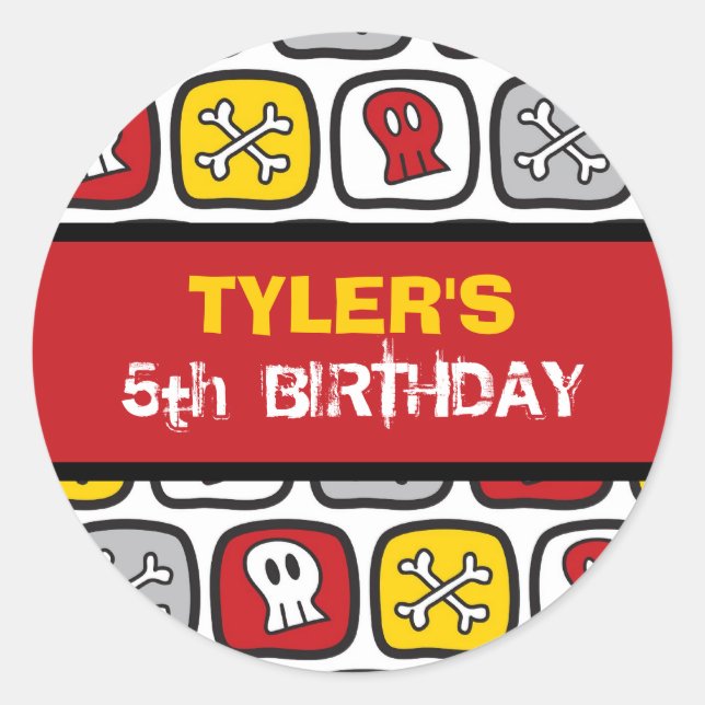 Cartoon Skulls & Bones Pirate Boy Birthday Party Classic Round Sticker (Front)