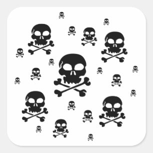 Cartoon Skulls Collage - Black & White Square Sticker