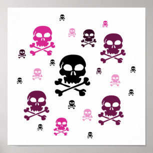 Cartoon Skulls Collage - Pink Poster