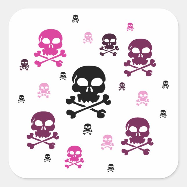 Cartoon Skulls Collage - Pink Square Sticker (Front)