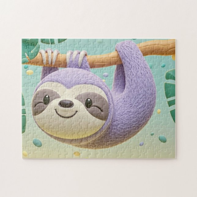 Cartoon sloth hanging on tree branch jigsaw puzzle (Horizontal)