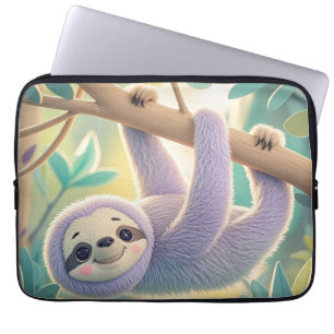 Cartoon sloth hanging upside-down from a branch laptop sleeve