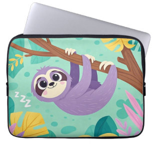 Cartoon sloth hanging upside-down from a branch laptop sleeve