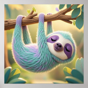 Cartoon sloth hanging upside-down from a branch  poster