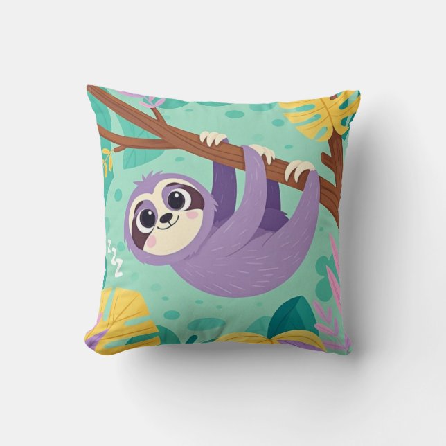 Cartoon sloth hanging upside-down from a branch throw pillow (Front)
