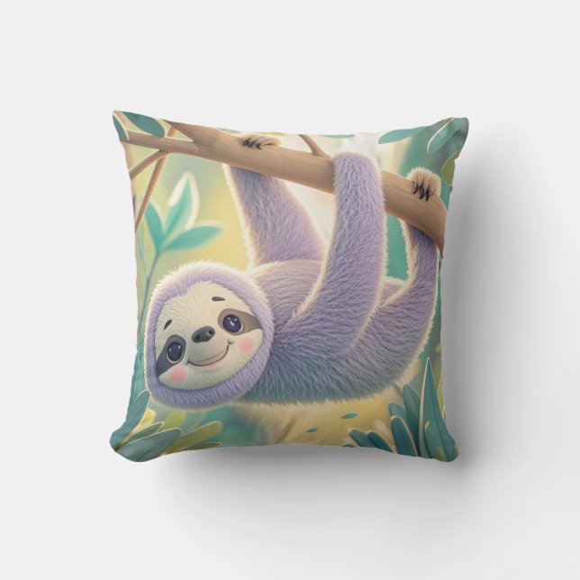 Cartoon sloth hanging upside-down from a branch  throw pillow (Front)