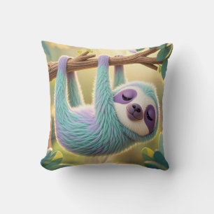 Cartoon sloth hanging upside-down from a branch throw pillow