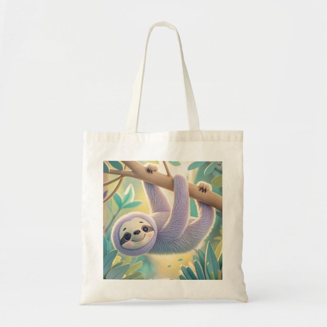 Cartoon sloth hanging upside-down from a branch  tote bag (Front)