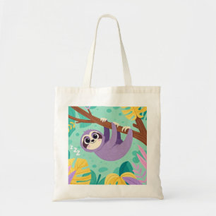 Cartoon sloth hanging upside-down from a branch tote bag