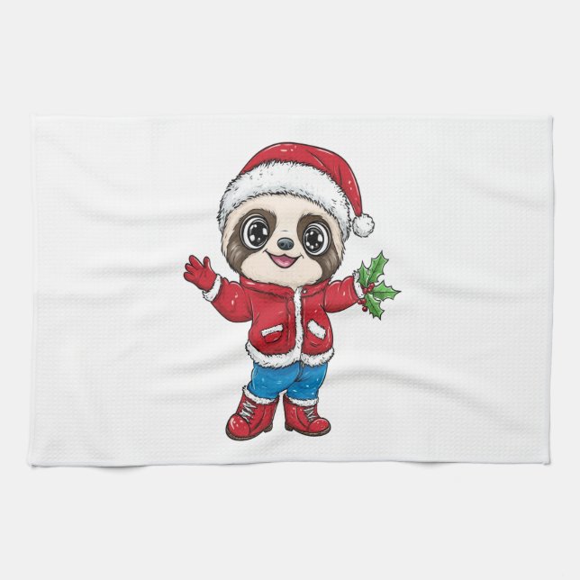 Cartoon Sloth Wearing Christmas Kitchen Towel (Horizontal)