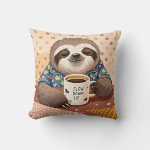 Cartoon sloth with exaggerated sleepy eyes throw pillow