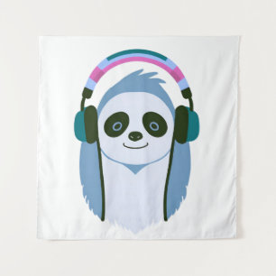 Cartoon sloth with headphones tapestry