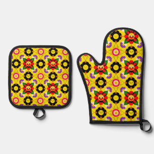 Cartoon Smiling Flowers and Bees Oven Mitt & Pot Holder Set