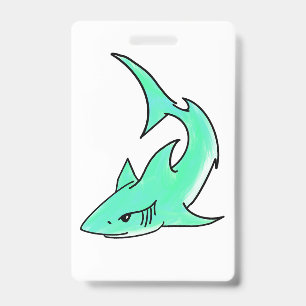 cartoon smiling shark mint blue green ocean animal badge