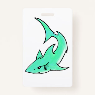cartoon smiling shark mint blue green ocean animal badge