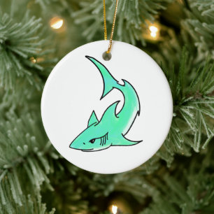 cartoon smiling shark mint blue green ocean animal ceramic ornament