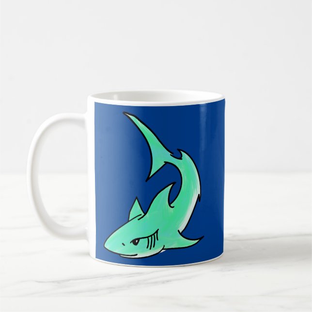 cartoon smiling shark mint blue green ocean animal coffee mug (Left)